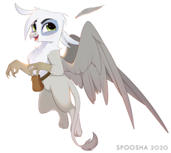 Size: 1878x1674 | Tagged: safe, artist:spoosha, imported from derpibooru, oc, oc only, oc:blake, griffon, bag, flying, open mouth, simple background, smiling, solo, spread wings, white background, wings