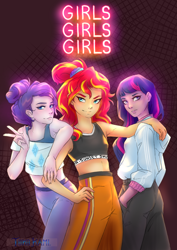 Size: 2480x3507 | Tagged: safe, artist:tokokami, imported from derpibooru, rarity, sunset shimmer, twilight sparkle, human, equestria girls, humanized, neon, sports, sporty style, wallpaper