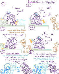 Size: 4779x6013 | Tagged: safe, artist:adorkabletwilightandfriends, imported from derpibooru, starlight glimmer, oc, oc:cindy, oc:ellen, comic:adorkable twilight and friends, adorkable, adorkable friends, blushing, butt, checkstand, cleaning, clothes, comic, compliment, cute, dork, eyes on the prize, grocery store, happy, humming, jeans, male, music, name tag, pants, plot, polo shirt, possible flirt?, relationship, slice of life, smiling, stallion, store, stubble, subtle, teasing, towel, unknown pony, work