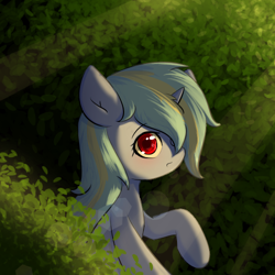 Size: 500x500 | Tagged: safe, artist:jerryenderby, imported from derpibooru, oc, oc:dreamy cyanstrings, pony, unicorn, bush, looking at you, raised hoof, solo, sunlight