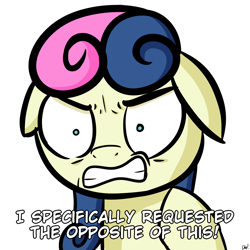 Size: 2000x2000 | Tagged: safe, artist:plaguemare, imported from derpibooru, bon bon, sweetie drops, earth pony, pony, angry, bon bon is not amused, dialogue, drawthread, female, frustrated, mare, reaction image, request, simple background, solo, unamused