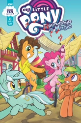 Size: 1186x1800 | Tagged: safe, artist:pencils, idw, imported from derpibooru, cheese sandwich, lyra heartstrings, pinkie pie, earth pony, unicorn, spoiler:comic, spoiler:comic95, accordion, female, male, musical instrument, season 10