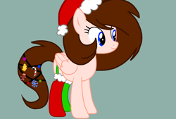 Size: 1850x1250 | Tagged: safe, artist:circuspaparazzi5678, imported from derpibooru, gingerbread, oc, oc:breanna, pegasus, pony, base used, candy, candy cane, christmas, clothes, food, hat, holiday, jingle bells, santa hat, smiling, socks, solo