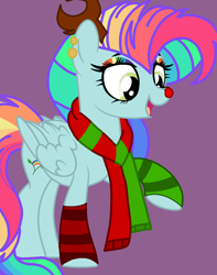 Size: 1260x1602 | Tagged: safe, artist:circuspaparazzi5678, imported from derpibooru, oc, oc:rainbow blitz, pegasus, pony, base used, christmas, clothes, deer antlers, ear piercing, earring, holiday, jewelry, multicolored hair, parent:fluttershy, parent:rainbow dash, piercing, rainbow hair, rainbow makeup, red nose, scarf, socks, solo