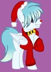 Size: 860x1200 | Tagged: safe, artist:circuspaparazzi5678, imported from derpibooru, oc, oc:suga water, pegasus, pony, base used, christmas, clothes, collar, ear piercing, earring, hat, holiday, jacket, jewelry, jingle bells, piercing, purple background, red nose, santa hat, simple background, smiling, solo