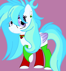 Size: 2092x2248 | Tagged: safe, artist:circuspaparazzi5678, imported from derpibooru, oc, oc:crystal moonshine, pegasus, pony, base used, christmas, christmas tree, clothes, collar, ear piercing, earring, eyeshadow, holiday, holly, jewelry, magical lesbian spawn, makeup, offspring, parent:rainbow dash, parent:twilight sparkle, parents:twidash, piercing, purple background, simple background, smiling, socks, solo, tree