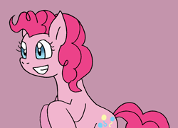 Size: 982x711 | Tagged: safe, artist:cmara, imported from derpibooru, pinkie pie, earth pony, pony, bipedal, female, grin, mare, pink background, raised hoof, simple background, smiling, solo