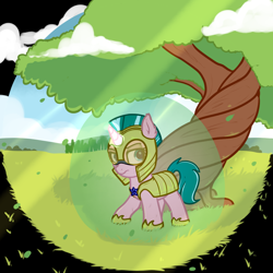 Size: 1200x1200 | Tagged: safe, artist:neuro, imported from derpibooru, oc, oc only, oc:lily glamerspear, unicorn, fanfic:everyday life with guardsmares, /mlp/, 4chan, armor, cloud, everyday life with guardsmares, grass, grass field, horn, horn glowing, magic, outdoors, royal guard, tree, unicorn oc