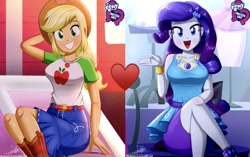 Size: 988x619 | Tagged: safe, artist:the-butch-x, edit, imported from derpibooru, applejack, rarity, equestria girls, equestria girls series, beautiful, belt, boots, bracelet, butch's hello, clothes, cowboy hat, crossed legs, cute, female, hat, heart, hello, jackabetes, jewelry, legs, lesbian, looking at you, open mouth, raribetes, rarijack, shipping, shipping domino, shoes, skirt, smiling