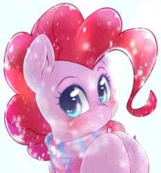 Size: 1647x1768 | Tagged: safe, artist:kurogewapony, imported from derpibooru, pinkie pie, earth pony, pony, blushing, bust, clothes, cute, diapinkes, female, looking at you, mare, portrait, scarf, snow, snowfall, solo, winter