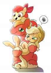 Size: 982x1407 | Tagged: safe, artist:mochi_nation, imported from derpibooru, apple bloom, applejack, big macintosh, earth pony, pony, apple siblings, apple sisters, brother and sister, cute, female, filly, floppy ears, holding a pony, male, mare, pictogram, puffy cheeks, siblings, simple background, sisters, speech bubble, stallion, white background