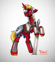 Size: 1000x1130 | Tagged: safe, artist:dodo, imported from derpibooru, oc, oc only, oc:steel prism, pony, unicorn, armor, full plate armor, looking away, metal armor, solo, sword, watermark, weapon