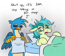 Size: 532x460 | Tagged: safe, artist:jargon scott, imported from derpibooru, gallus, sandbar, earth pony, griffon, pony, bags under eyes, bed, confused, duo, eyes closed, male, no nut november, pillow, stallion, talking