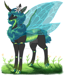 Size: 600x698 | Tagged: safe, artist:malinraf1615, imported from derpibooru, queen chrysalis, changeling, changeling queen, alternate hairstyle, chest fluff, deviantart watermark, female, flower, flower in hair, grass, obtrusive watermark, redesign, reformed, simple background, solo, transparent background, unshorn fetlocks, watermark