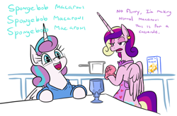 Size: 804x532 | Tagged: safe, artist:jargon scott, imported from derpibooru, princess cadance, princess flurry heart, alicorn, pony, unicorn, :d, apron, bipedal, cadance is not amused, chalice, clothes, cooking, cute, daughters gonna daughter, dialogue, female, flurrybetes, food, glasses, housewife, kitchen, macaroni, male, mare, mother and child, mother and daughter, naked apron, necktie, nerd, nerdy heart, older, older flurry heart, oven mitts, pasta, smiling, stallion, unamused