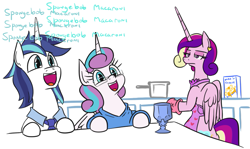 Size: 897x536 | Tagged: safe, alternate version, artist:jargon scott, imported from derpibooru, princess cadance, princess flurry heart, shining armor, alicorn, pony, unicorn, :d, apron, bipedal, cadance is not amused, chalice, clothes, cooking, cute, daughters gonna daughter, father and child, father and daughter, fathers gonna father, female, flurrybetes, food, glasses, housewife, husband and wife, kitchen, like father like daughter, like parent like child, macaroni, male, mare, mother and child, mother and daughter, naked apron, necktie, nerd, nerdy heart, older, older flurry heart, oven mitts, pasta, shining adorable, smiling, stallion, sweater, unamused