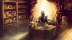 Size: 2584x1457 | Tagged: safe, artist:stdeadra, imported from derpibooru, oc, oc:silver bullet, pegasus, pony, apple, book, bookshelf, curtains, dust, food, jojo's bizarre adventure, lamp, lightning, photo, picture, reading, shade, solo, speedpaint, table, technical advanced