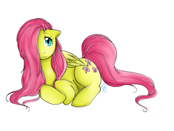 Size: 1600x1200 | Tagged: safe, artist:honeyappleninja, imported from derpibooru, fluttershy, pegasus, pony, cute, female, floppy ears, hair over one eye, lying down, mare, prone, shyabetes, simple background, solo, white background