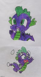 Size: 500x944 | Tagged: safe, artist:and now... a derpibooru user, imported from derpibooru, spike, dragon, horse play, it ain't easy being breezies, abuse, broken eggs, drawing, egg, solo, spikeabuse