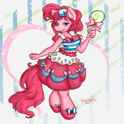 Size: 844x841 | Tagged: safe, artist:watergleam, imported from derpibooru, pinkie pie, anthro, earth pony, candy, clothes, dress, female, food, gala dress, lollipop, solo