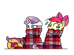 Size: 1800x1350 | Tagged: safe, artist:flutterluv, imported from derpibooru, apple bloom, scootaloo, sweetie belle, pony, blanket, blanket burrito, cutie mark crusaders, female, filly, floppy ears, open mouth, plewds, simple background, sweat, transparent background, wrapped up