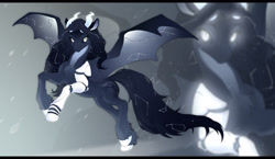 Size: 3085x1784 | Tagged: safe, artist:kerydarling, artist:rrusha, imported from derpibooru, oc, oc only, bicorn, original species, pony, bat wings, black sclera, constellation, glowing eyes, horn, multiple horns, robotic arm, slit eyes, solo, wings, zoom layer