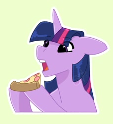 Size: 746x814 | Tagged: safe, artist:_rrusha, artist:kerydarling, artist:rrusha, imported from derpibooru, twilight sparkle, pony, unicorn, eating, eye clipping through hair, female, floppy ears, food, green background, mare, pizza, simple background, solo, unicorn twilight