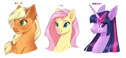 Size: 1501x694 | Tagged: safe, artist:_rrusha, artist:kerydarling, artist:rrusha, imported from derpibooru, applejack, fluttershy, twilight sparkle, pony, bust, chest fluff, female, freckles, mare, simple background, trio, white background