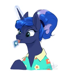 Size: 613x666 | Tagged: safe, artist:_rrusha, artist:kerydarling, artist:rrusha, imported from derpibooru, princess luna, alicorn, pony, between dark and dawn, clothes, cute, female, hair bun, hawaiian shirt, licking, lunabetes, magic, mare, scene interpretation, shirt, simple background, solo, stamp, telekinesis, tongue out, white background