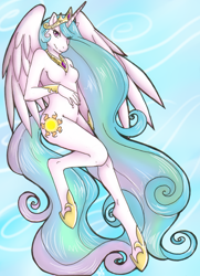 Size: 1594x2202 | Tagged: safe, artist:collaredginger, imported from derpibooru, princess celestia, alicorn, anthro, unguligrade anthro, barbie doll anatomy, bracelet, breasts, featureless breasts, female, hooves, jewelry, looking at you, nudity, sky, solo, wings