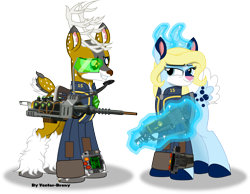 Size: 6328x4904 | Tagged: safe, artist:vector-brony, imported from derpibooru, oc, oc only, oc:spirit, oc:tyandaga, deer, fallout equestria, absurd resolution, applejack rangers logo, clothes, glow, glowing horn, gun, horn, jacket, levitation, magic, rifle, simple background, stable jumpsuit, telekinesis, transparent background, tyandaga rifle, weapon