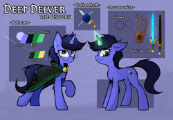 Size: 4216x2942 | Tagged: safe, artist:tatykun, imported from derpibooru, oc, oc only, oc:deep delver, pony, unicorn, cape, clothes, female, glasses, lyre, mare, musical instrument, reference sheet, sword, weapon