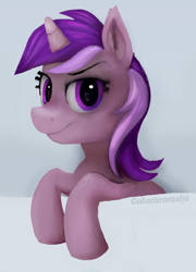 Size: 720x1001 | Tagged: safe, artist:catachromatic, derpibooru exclusive, imported from derpibooru, amethyst star, sparkler, pony, unicorn, digital painting, dreamworks face, ear fluff, firealpaca, looking at you, pocket pony, smiling, solo
