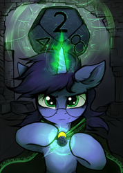 Size: 2500x3514 | Tagged: safe, artist:tatykun, imported from derpibooru, oc, oc only, oc:deep delver, pony, unicorn, cape, clothes, dice, female, glasses, magic, mare, rpg, ruins