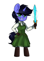 Size: 900x1247 | Tagged: safe, alternate version, artist:cottonsweets, imported from derpibooru, oc, oc only, oc:deep delver, anthro, pony, unguligrade anthro, unicorn, chibi, clothes, dress, female, grin, mare, simple background, smiling, solo, sword, weapon, white background