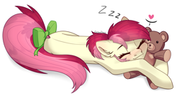 Size: 3000x1614 | Tagged: safe, artist:chibadeer, imported from derpibooru, roseluck, earth pony, pony, bow, cute, eyes closed, lying down, plushie, pony pet, rosepet, side, simple background, sleeping, tail bow, teddy bear, toy, white background