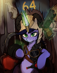 Size: 2000x2550 | Tagged: safe, artist:tatykun, imported from derpibooru, oc, oc only, oc:deep delver, unicorn, fallout equestria, female, goggles, helmet, mare, pipbuck, skull helmet, sparkle cola, that gun