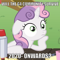 Size: 500x500 | Tagged: safe, edit, edited screencap, imported from derpibooru, screencap, sweetie belle, pony, unicorn, ponyville confidential, 2020, caption, cropped, exploitable meme, female, filly, floppy ears, image macro, meme, obligatory pony, solo, sudden clarity sweetie belle, text