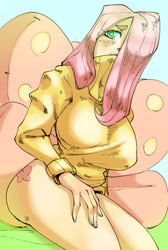 Size: 1146x1707 | Tagged: safe, artist:box_chan, imported from derpibooru, fluttershy, human, big breasts, breasts, busty fluttershy, clothes, cutie mark on human, explicit source, huge breasts, humanized, solo, sweater, sweatershy