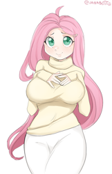 Size: 618x951 | Tagged: safe, artist:vanabette, imported from derpibooru, fluttershy, human, big breasts, blushing, breasts, busty fluttershy, clothes, cute, humanized, long skirt, looking at you, questionable source, shyabetes, simple background, skirt, smiling, solo, sweater, sweater puppies, turtleneck, white background