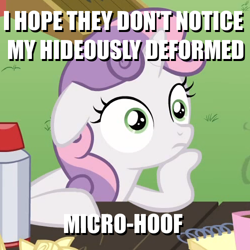 Size: 500x500 | Tagged: safe, imported from derpibooru, screencap, sweetie belle, pony, unicorn, ponyville confidential, animation error, caption, cropped, exploitable meme, female, filly, image macro, meme, obligatory pony, solo, sudden clarity sweetie belle, text