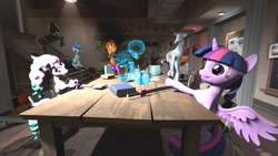 Size: 1280x720 | Tagged: safe, artist:horsesplease, imported from derpibooru, party favor, twilight sparkle, galarian ponyta, ponyta, robot, unicorn, 3d, book, doggie favor, fire, giddyup buttercup, gmod, holocron, hologram, jedi holocron, pokémon, sword, weapon