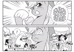 Size: 1967x1384 | Tagged: safe, imported from derpibooru, applejack, berry punch, berryshine, bon bon, snails, sweetie drops, earth pony, pegasus, unicorn, my little pony: the manga, my little pony: the manga volume 1, spoiler:manga, spoiler:manga1, butt touch, butthurt, crabs, female, hoof on butt, literal butthurt, mare, monochrome, official, official comic, pain, pain star, pinch, pinching, pun, this is going to hurt, wide eyes