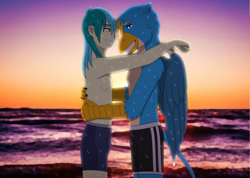 Size: 1916x1364 | Tagged: safe, artist:fantasygerard2000, imported from derpibooru, gallus, sandbar, anthro, griffon, human, anthrofied, embrace, gallbar, gay, humanized, looking at each other, male, ocean, ship, shipping, sunset, swimming trunks, tail, wet, wet hair, wings