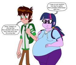 Size: 2800x2400 | Tagged: safe, artist:khxhero, imported from derpibooru, twilight sparkle, equestria girls, ben 10, ben 10 omniverse, ben tennyson, blushing, crossover, duo, fat, female, male, obese, sci-twilard, simple background, thought bubble, twilard sparkle, white background