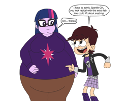 Size: 3000x2400 | Tagged: safe, artist:khxhero, imported from derpibooru, twilight sparkle, equestria girls, blushing, clothes, crossover, duo, duo female, fat, female, luna loud, morbidly obese, obese, simple background, speech bubble, sweater, the loud house, thought bubble, twilard sparkle, white background