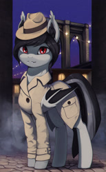 Size: 1848x3000 | Tagged: safe, artist:mrscroup, imported from derpibooru, oc, oc only, bat pony, bat pony oc, bat wings, city, clothes, detective, fangs, hat, high res, male, red eyes, smiling, solo, wings