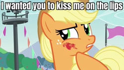 Size: 1920x1080 | Tagged: safe, edit, edited screencap, imported from derpibooru, screencap, applejack, earth pony, pony, the mane attraction, caption, female, hoofsies, image macro, mare, solo, text