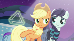 Size: 1920x1080 | Tagged: safe, imported from derpibooru, screencap, applejack, coloratura, earth pony, pony, the mane attraction, female, mare, triangle