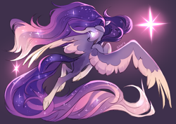 Size: 4093x2894 | Tagged: safe, artist:shore2020, imported from derpibooru, princess luna, oc, oc only, alicorn, pony, alicorn oc, curved horn, ethereal mane, flowing mane, flying, glowing eyes, horn, long mane, long tail, solo, spread wings, starry mane, underhoof, wings